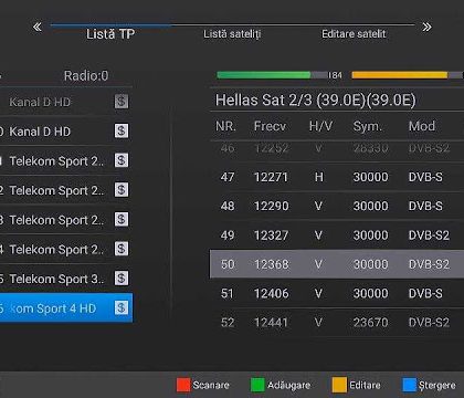 Telekom Sport 3 HD și Telekom Sport 4 HD. Frecvența de receptie de pe satelitul Hellas Sat 3 este 12368, polarizare verticală, DVB-S2 8PSK, SR 30000, FEC 3/4, criptat.